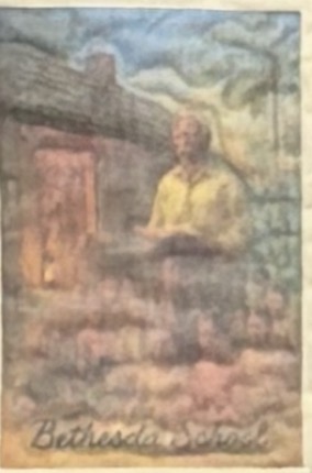 Watercolor portrait of Vigo Blake in a yellow shirt standing beside the historic stone Bethesda School building, with the words 'Bethesda School' lettered below