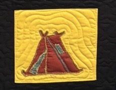 Quilted square by the 6th Antigua Girl Guide Unit: a small red appliqued Guide tent with a black ridge pole and orange door panel sits at the center of a sunny yellow background, surrounded by concentric hand-stitched ripples suggesting open ground, and framed by a black border fabric.