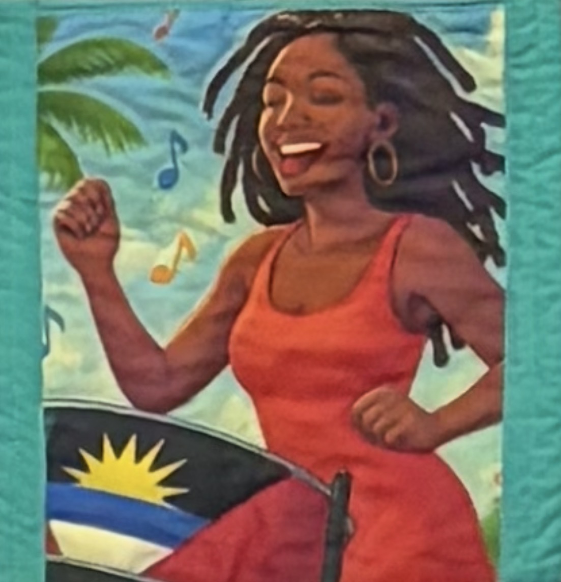 Quilt panel of a joyful Antiguan woman in a red dress dancing and playing a steel pan painted with the Antigua and Barbuda flag, surrounded by palm trees and floating musical notes.