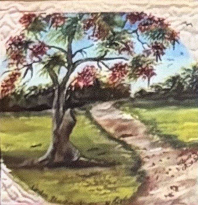 Watercolor painting of a Flamboyant (Shak Shak) tree in full red bloom arching over a winding path through a lush Caribbean landscape