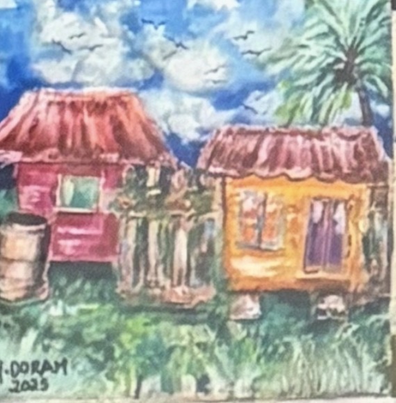 Quilted panel depicting brightly painted Antiguan chattel-style village houses with pitched roofs, evoking post-emancipation home life.