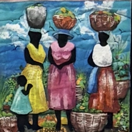 Three Antiguan women and a child carrying baskets of produce on their heads against a blue sky, depicted in vibrant folk-art style with yellow, pink, and earth-toned dresses