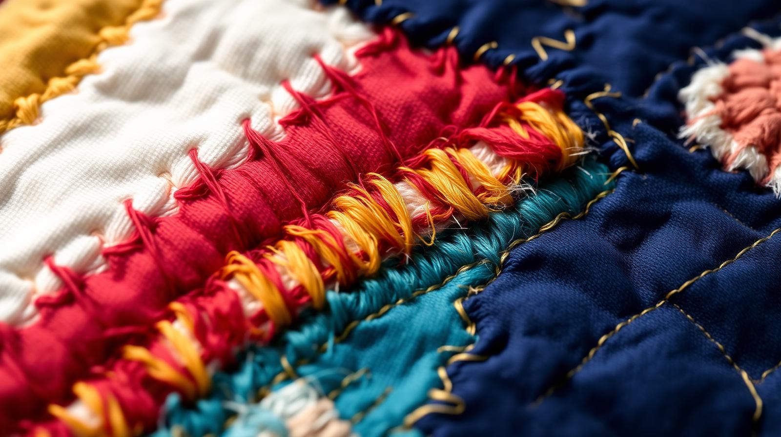 Macro detail of hand-stitched threads on the Heritage Quilt